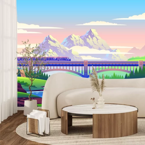 Papier peint  Paysage d'un train roulant sur fond de montagnes