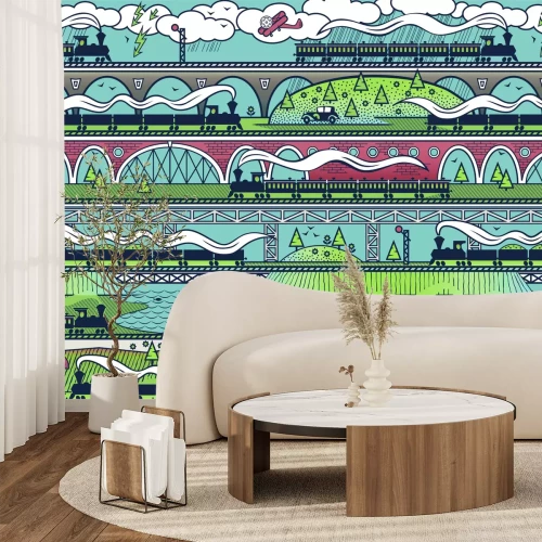 Papier peint  Gare avec des ponts et de la végétation