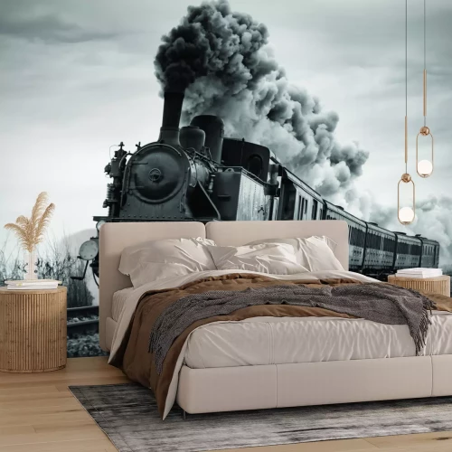 Papier peint  Photo en noir et blanc d'un train à vapeur en marche