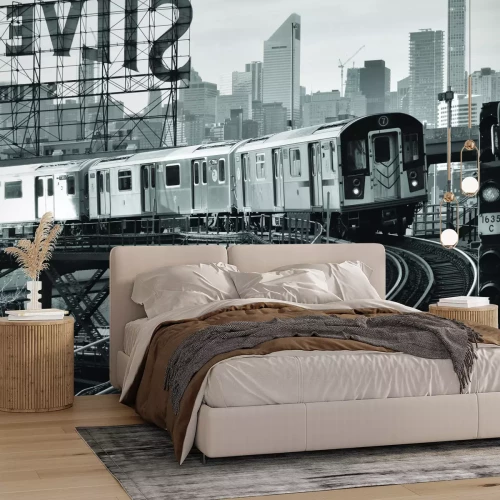 Papier peint  Photo en noir et blanc d'un train sur les rails