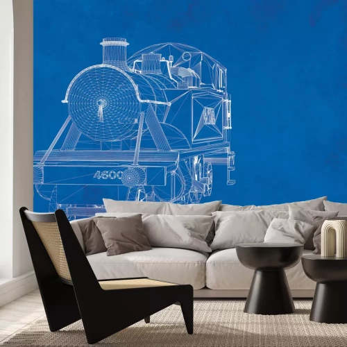 Papier peint  Croquis d'une locomotive sur fond bleu