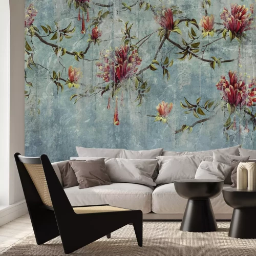 Papier peint  Branches d'arbre avec des fleurs sur un fond rustique