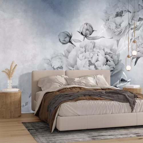 Papier peint  Fleurs de pivoines sur fond bleu