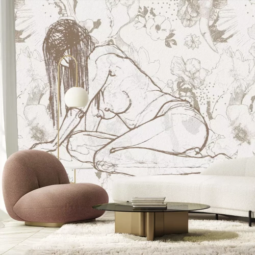 Papier peint  Croquis du corps d'une femme sur fond de fleurs