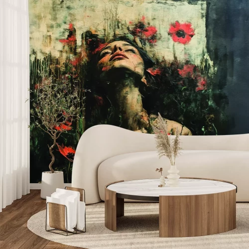 Papier peint  Femme parmi les coquelicots sur un mur