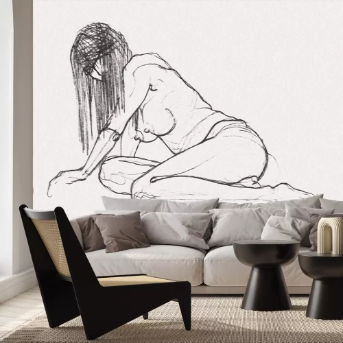 Papier peint  Croquis élégant d'une silhouette féminine sur fond blanc