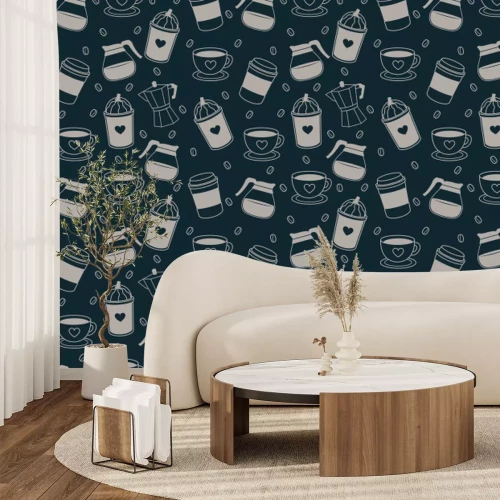 Papier peint  Composition aromatique de grains de café avec des tasses