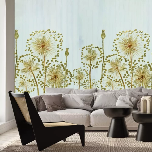 Papier peint  Fleurs dorées peintes sur fond gris