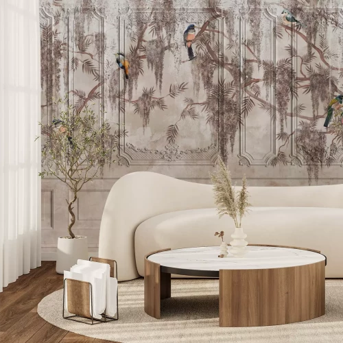 Papier peint  Stuc avec oiseaux des bois et branches