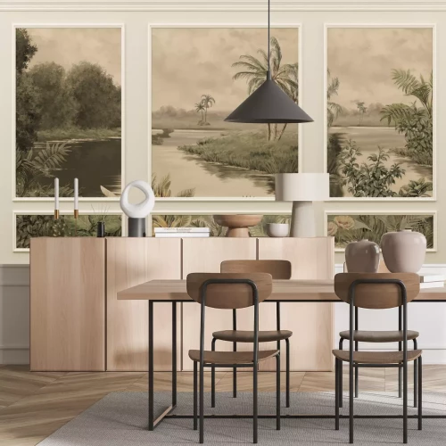 Papier peint  Rivière tropicale avec des palmiers en stuc décoratif