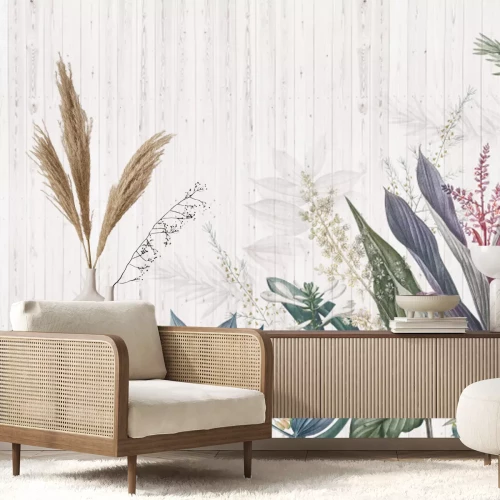 Papier peint  Feuilles tropicales colorées sur bois