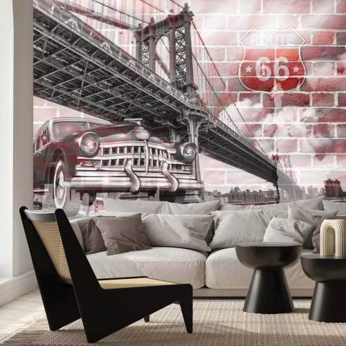 Papier peint  Voiture rétro sur fond du pont de Brooklyn et de la Route 66