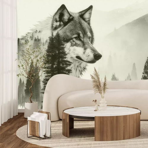 Papier peint  Loup au milieu de la forêt de conifères