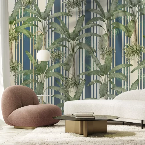 Papier peint  Feuilles de palmier sur un fond de rayures bleues