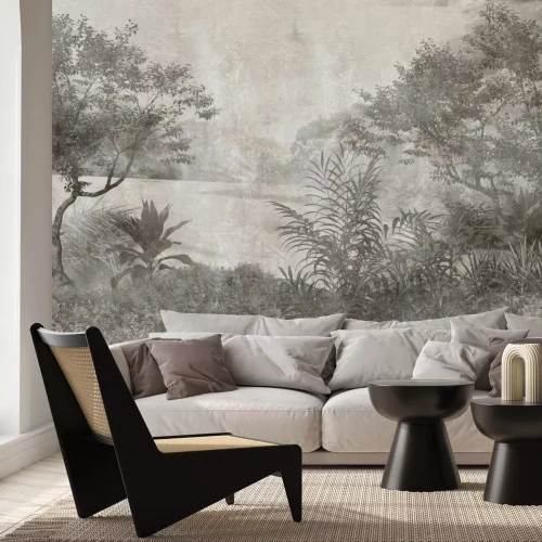 Papier peint  Végétation forestière luxuriante en tons gris