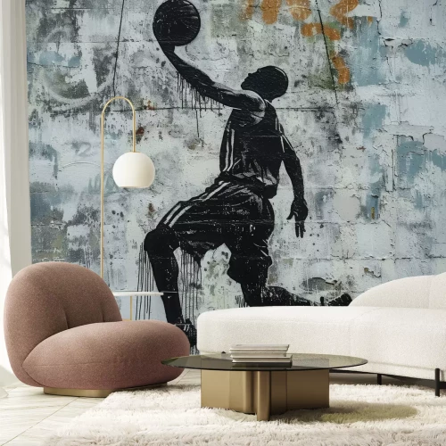 Papier peint  Homme joueur de basket avec un ballon sur le mur