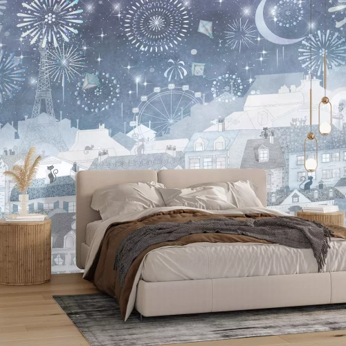 Papier peint  Ville avec la tour Eiffel et des feux d'artifice