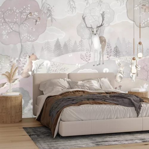 Papier peint  Collines fleuries avec un cerf et des arbres
