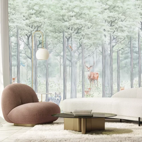 Papier peint  Forêt avec des animaux sauvages, loup et cerf