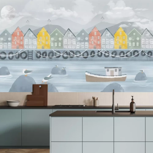 Papier peint  Maisons colorées au bord de la rivière avec un bateau