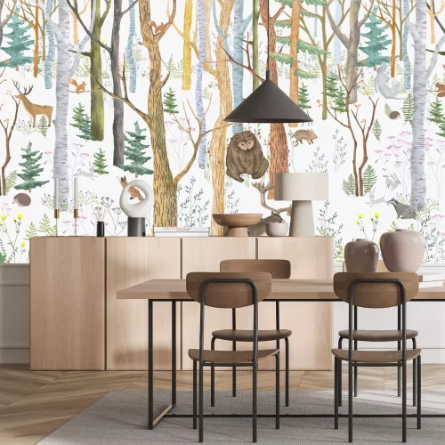 Papier peint  Forêt avec des animaux et une végétation luxuriante