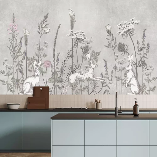 Papier peint  Prairie avec des fleurs sauvages et des lièvres