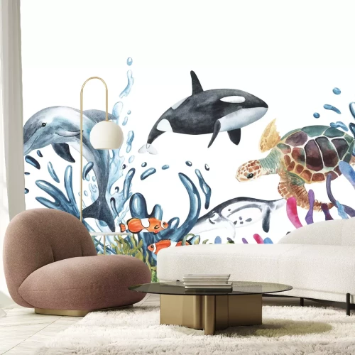 Papier peint  Dauphin et tortue de mer parmi le récif sur fond blanc