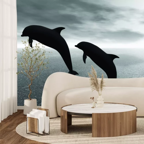 Papier peint  Photo en noir et blanc de dauphins sur fond d'eau