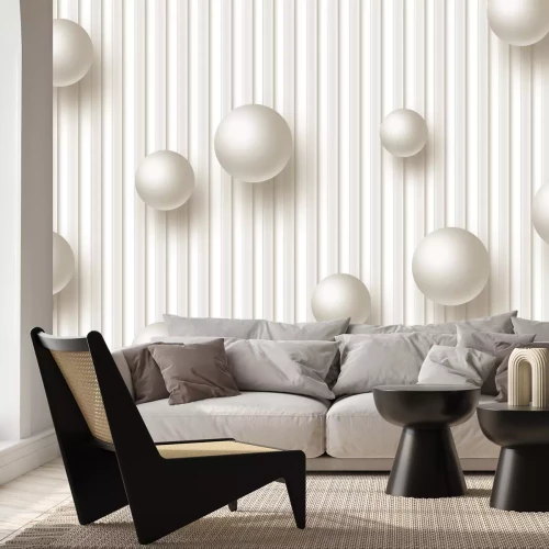 Papier peint  Sphères 3D crème sur fond rayé