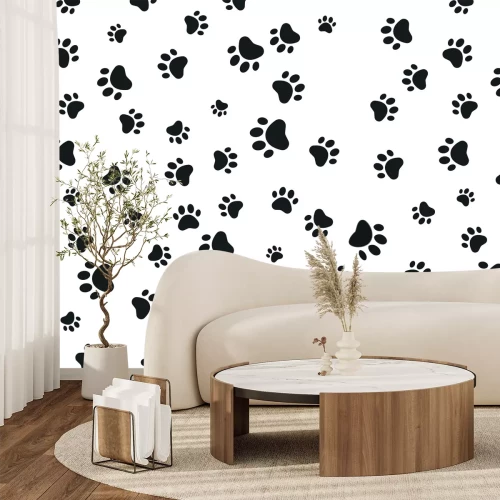 Papier peint  Pattes noires de chiens sur fond blanc