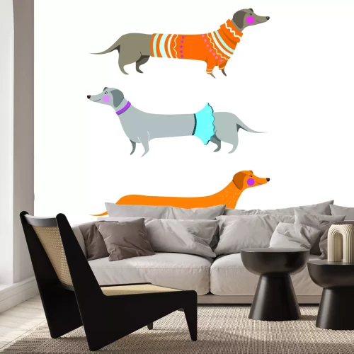 Papier peint  Teckels habillés sur fond blanc