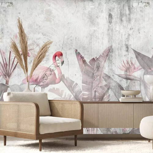 Papier peint  Wallpaper design for digital printing with tropical leaves and Flamingo