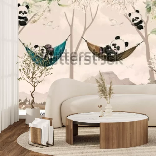 Papier peint  Cute pandas lying in hammock for child room wallpaper design