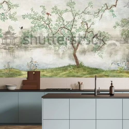 Papier peint  Arbre au bord du lac. Paysage brumeux. Arbre aux oiseaux dans le jardin japonais. la peinture murale, papier peint pour l'impression intérieure