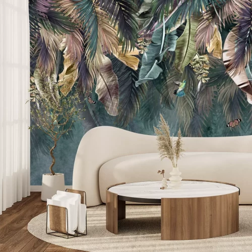 Papier peint  Feuilles colorées suspendues avec des oiseaux