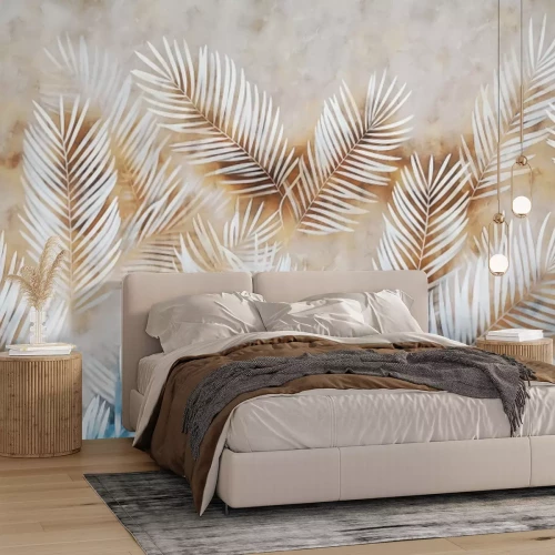 Papier peint  Feuilles de palmier sur fond bleu-marron