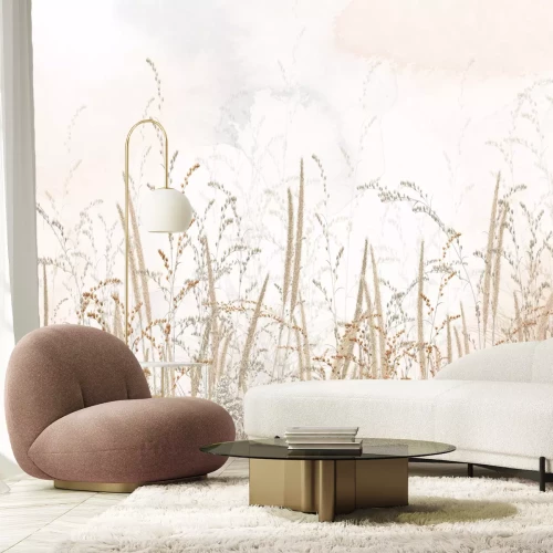 Papier peint  Prairie sauvage avec des herbes sur fond beige