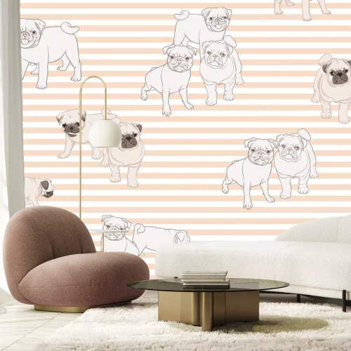 Papier peint  Chiens carlins sur fond rayé graphique moderne