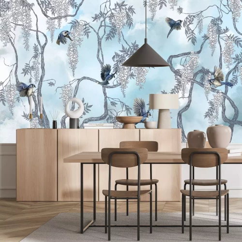 Papier peint  Arbre avec des fleurs et des oiseaux sur fond de ciel