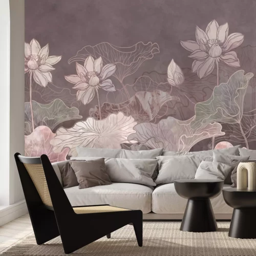 Papier peint  Fleurs roses dessinées et feuilles de lys