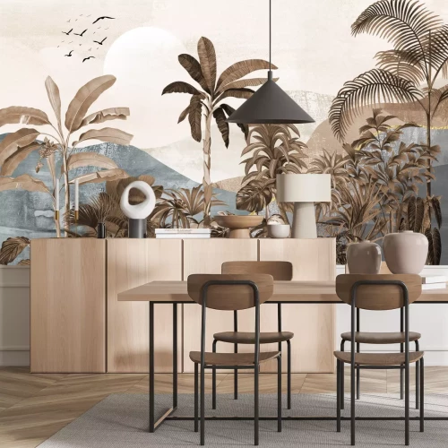 Papier peint  Jungle avec des palmiers sur fond de montagnes