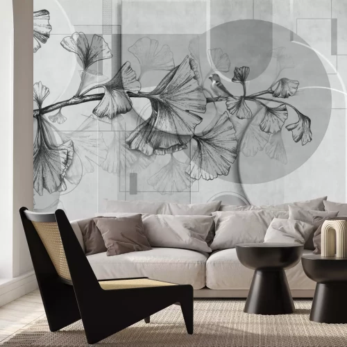 Papier peint  Feuilles sur un fond géométrique gris