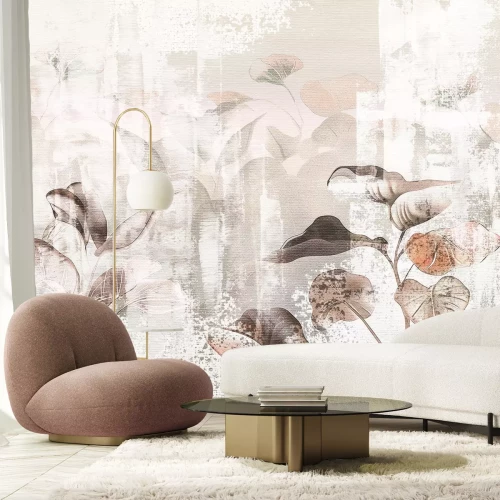 Papier peint  Aquarelle de feuilles sur un mur en béton