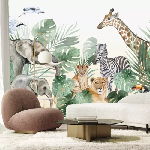 Papier peint  Animaux sauvages parmi les feuilles de monstera