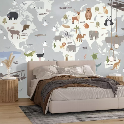 Papier peint  Animaux sur une carte du monde pour enfants