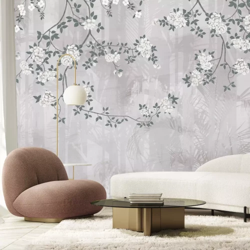 Papier peint  Roses blanches grimpantes sur fond végétal