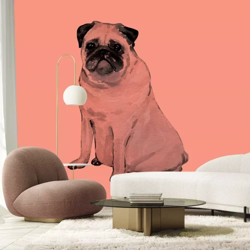 Papier peint  Illustration de chien carlin style aquarelle sur fond corail