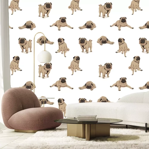 Papier peint  Chiens carlins amusants sur fond blanc illustration