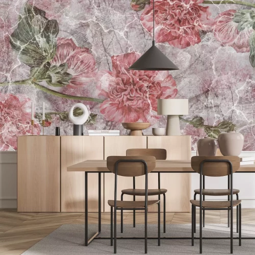 Papier peint  Pivoines roses sur un mur fissuré