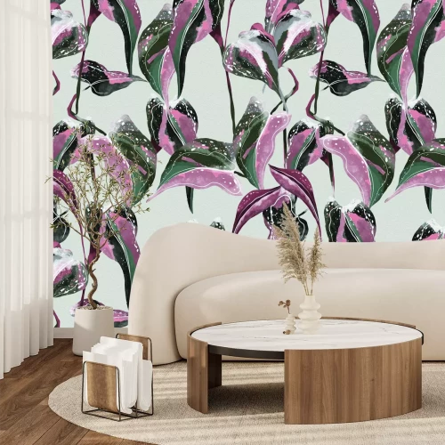 Papier peint  Feuilles tropicales colorées avec du rose